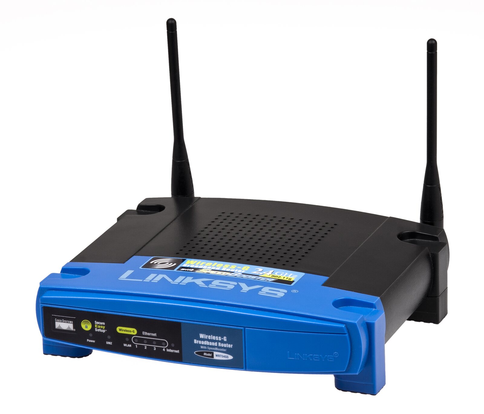 An older wireless router with its status lights visible