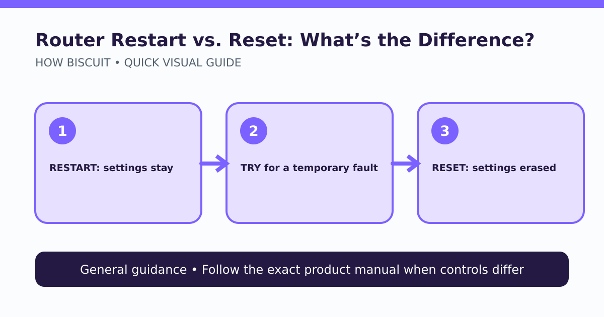 Comparison diagram showing a router restart preserving settings and a factory reset erasing personalized settings