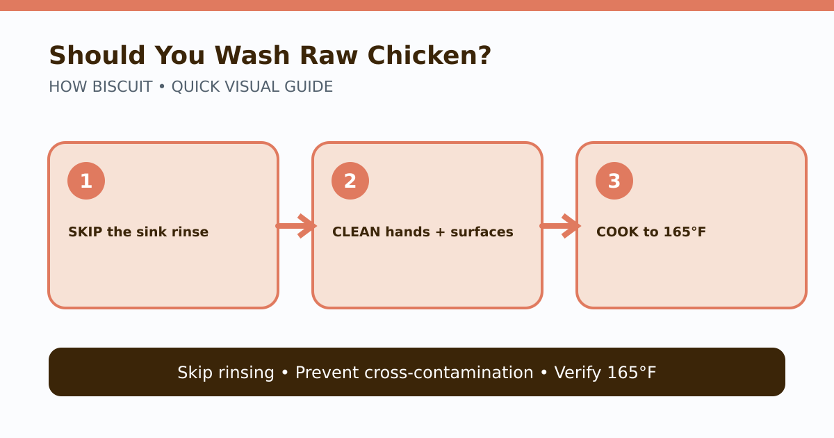 Diagram showing raw chicken going from package to pan without rinsing, followed by hand and surface cleaning