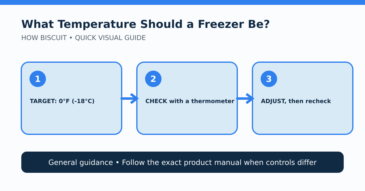 Diagram showing a freezer thermometer at zero degrees Fahrenheit and a check-adjust-recheck sequence