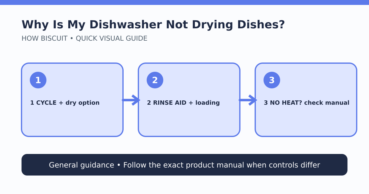 Dishwasher drying checklist showing cycle, rinse aid, loading, and service checks