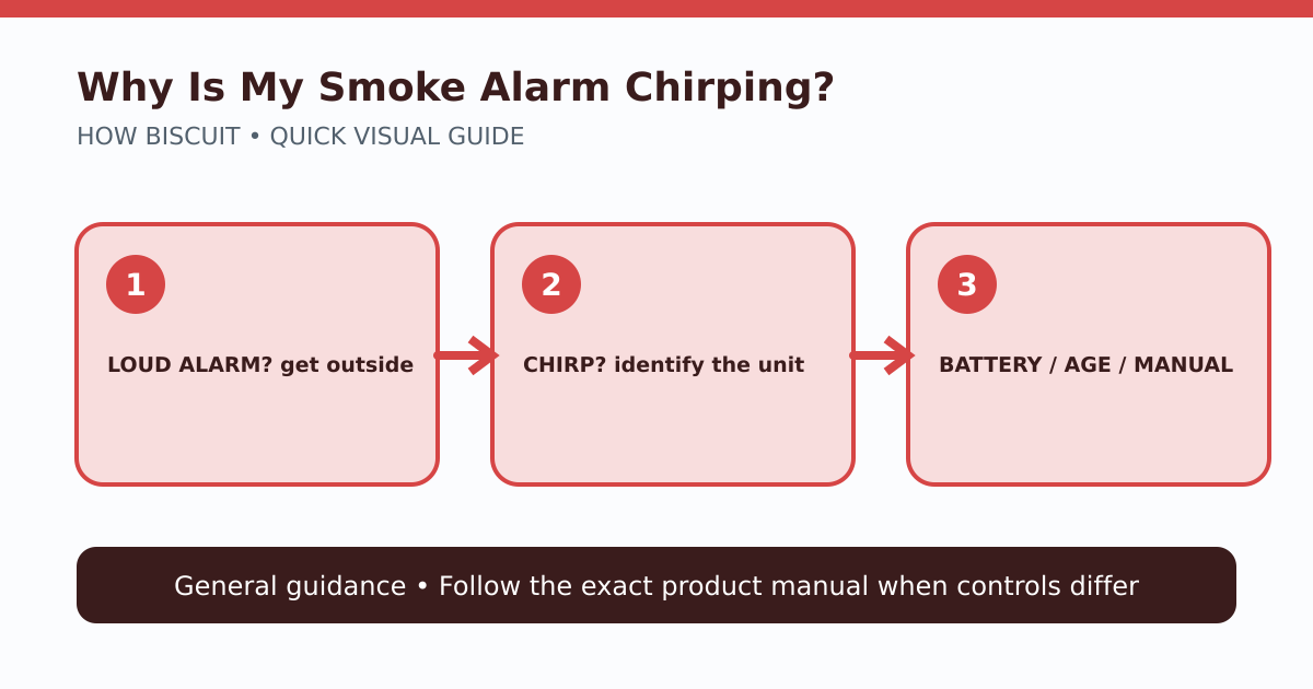 Smoke alarm chirp triage diagram separating an active alarm from low-battery or end-of-life chirps